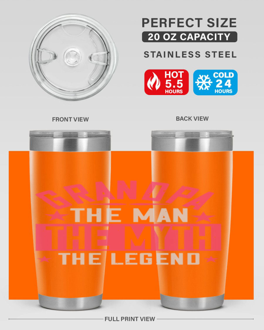 A stylish stainless steel tumbler featuring the phrase 'Grandpa the Man, the Myth, the Legend', perfect for hot and cold beverages.