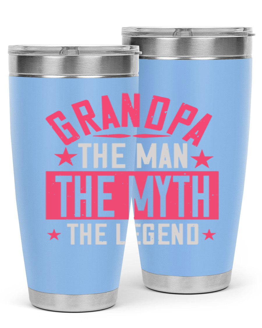 A stylish stainless steel tumbler featuring the phrase 'Grandpa the Man, the Myth, the Legend', perfect for hot and cold beverages.