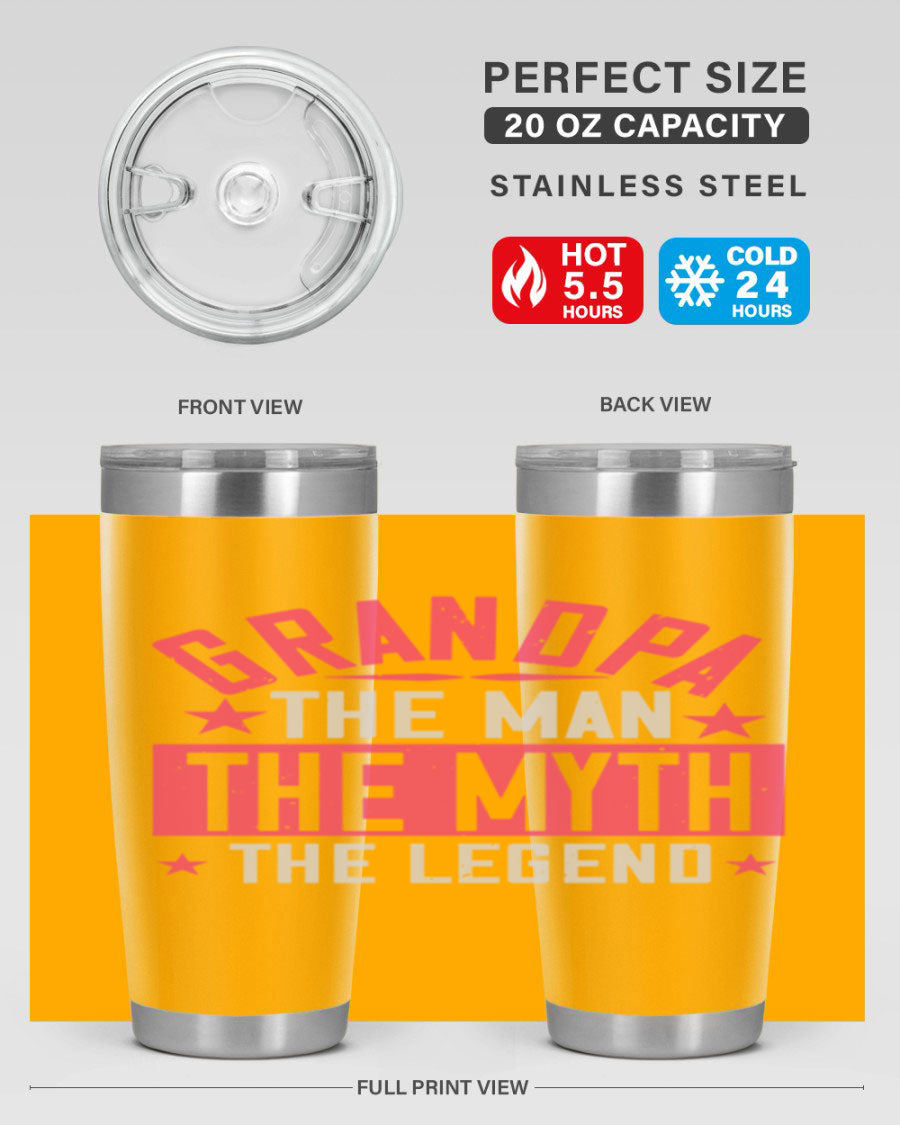 A stylish stainless steel tumbler featuring the phrase 'Grandpa the Man, the Myth, the Legend', perfect for hot and cold beverages.