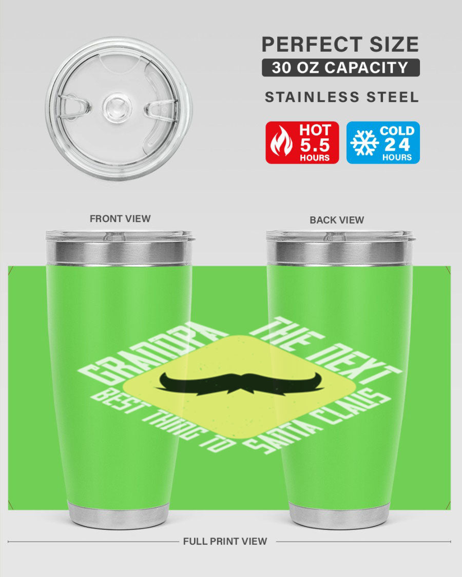 Grandpa Tumbler featuring a double wall vacuum design, perfect for hot and cold beverages, with a stylish print saying 'The next best thing to Santa Claus'.