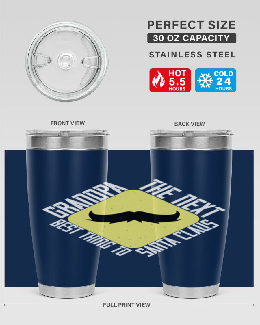 Grandpa Tumbler featuring a double wall vacuum design, perfect for hot and cold beverages, with a stylish print saying 'The next best thing to Santa Claus'.