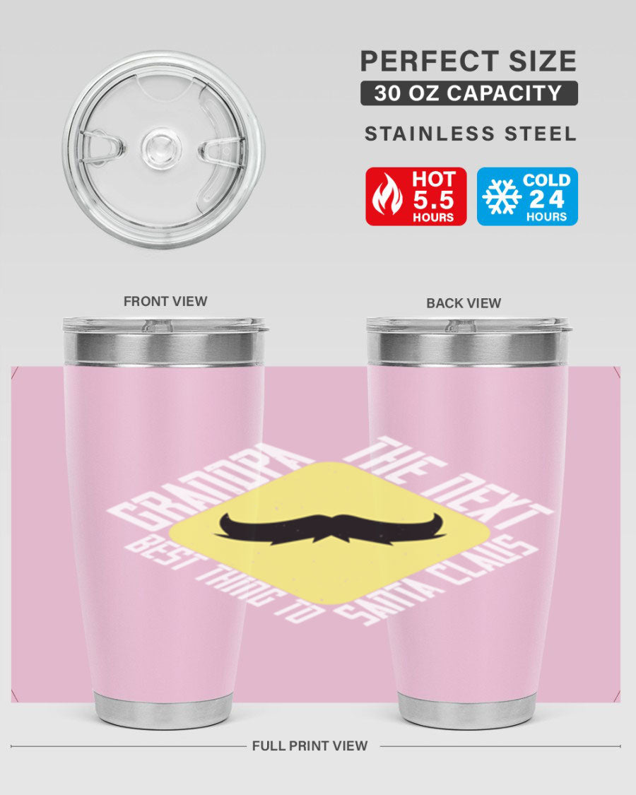 Grandpa Tumbler featuring a double wall vacuum design, perfect for hot and cold beverages, with a stylish print saying 'The next best thing to Santa Claus'.
