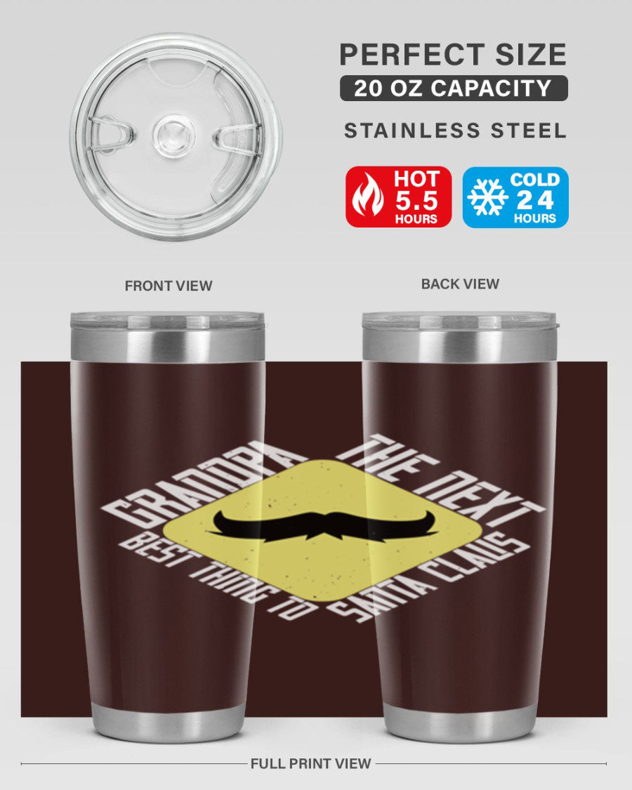 Grandpa Tumbler featuring a double wall vacuum design, perfect for hot and cold beverages, with a stylish print saying 'The next best thing to Santa Claus'.