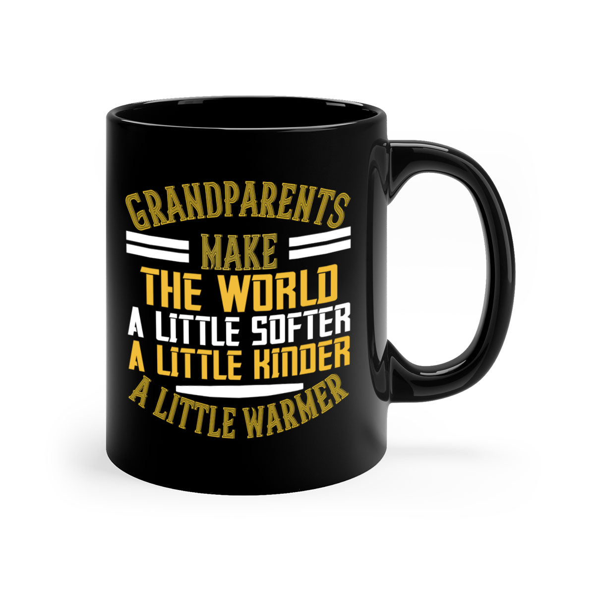A two-tone ceramic mug with a colored handle and interior, featuring the phrase 'Grandparents make the world … a little softer a little kinder a little warmer' in a stylish font.