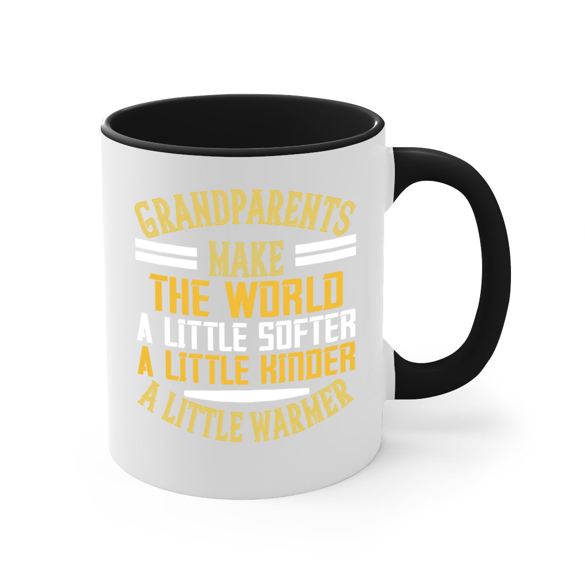 A two-tone ceramic mug with a colored handle and interior, featuring the phrase 'Grandparents make the world … a little softer a little kinder a little warmer' in a stylish font.