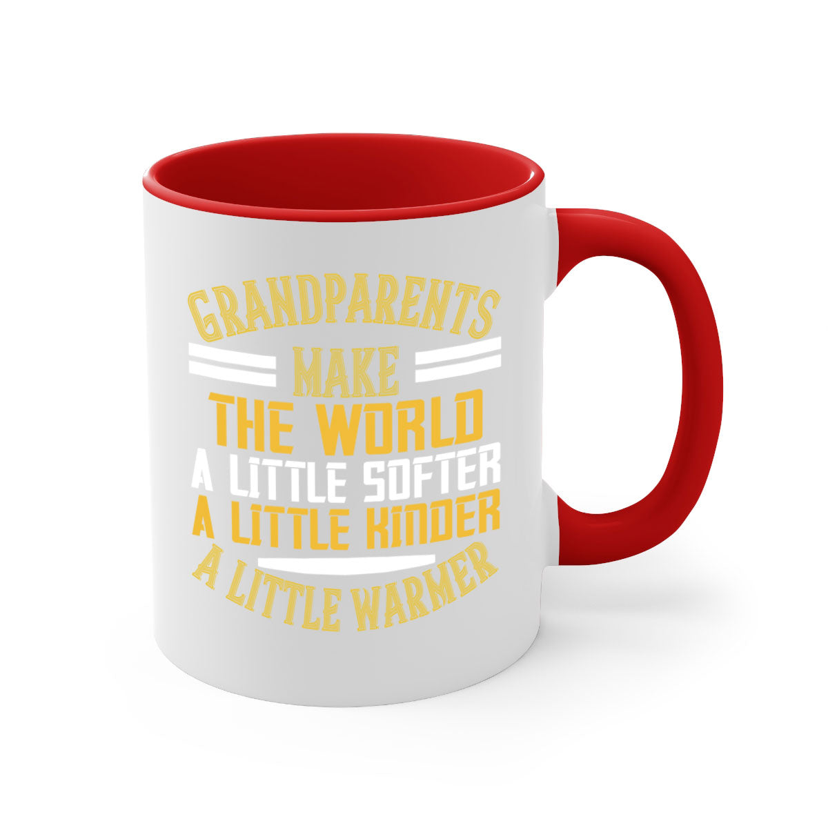 A two-tone ceramic mug with a colored handle and interior, featuring the phrase 'Grandparents make the world … a little softer a little kinder a little warmer' in a stylish font.