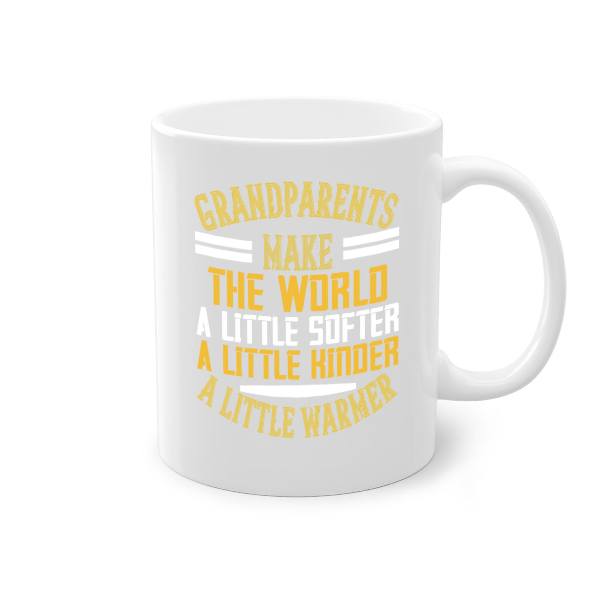 A two-tone ceramic mug with a colored handle and interior, featuring the phrase 'Grandparents make the world … a little softer a little kinder a little warmer' in a stylish font.
