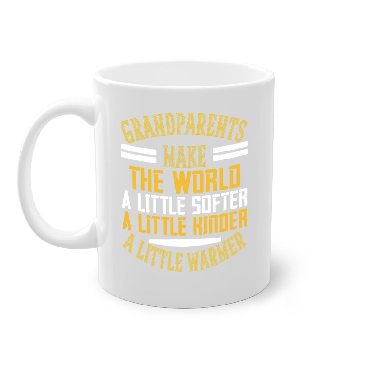 A two-tone ceramic mug with a colored handle and interior, featuring the phrase 'Grandparents make the world … a little softer a little kinder a little warmer' in a stylish font.