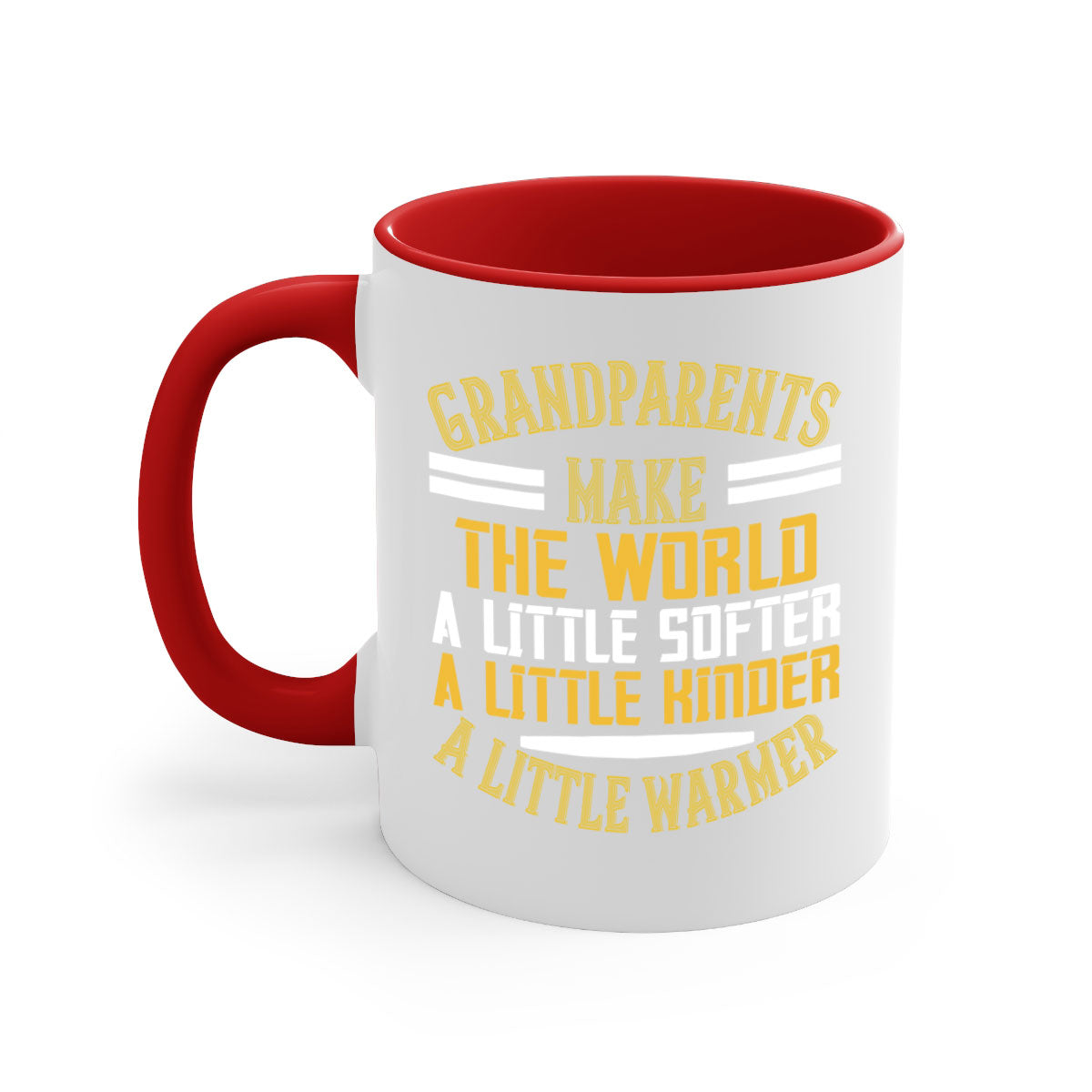 A two-tone ceramic mug with a colored handle and interior, featuring the phrase 'Grandparents make the world … a little softer a little kinder a little warmer' in a stylish font.