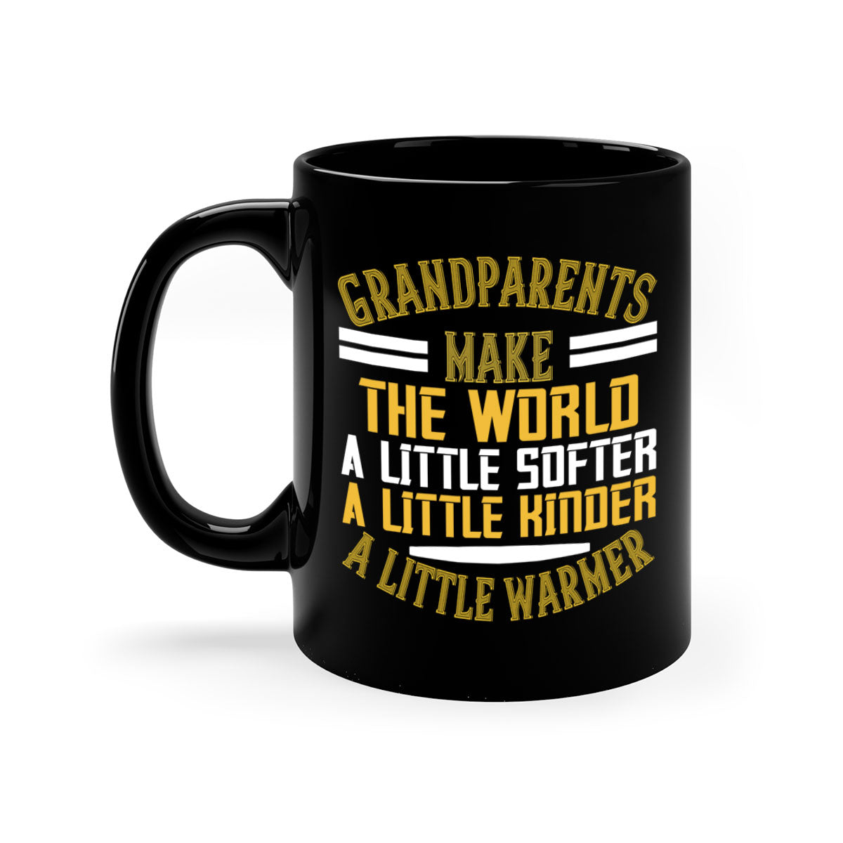 A two-tone ceramic mug with a colored handle and interior, featuring the phrase 'Grandparents make the world … a little softer a little kinder a little warmer' in a stylish font.