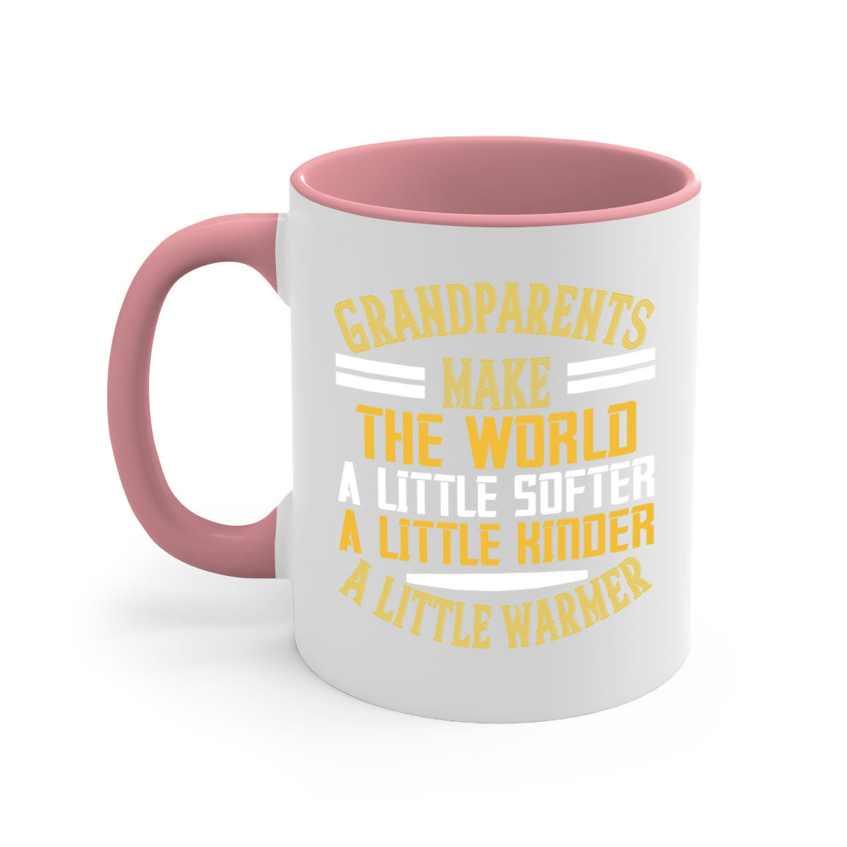 A two-tone ceramic mug with a colored handle and interior, featuring the phrase 'Grandparents make the world … a little softer a little kinder a little warmer' in a stylish font.