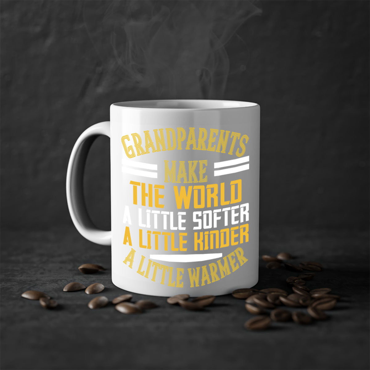 A two-tone ceramic mug with a colored handle and interior, featuring the phrase 'Grandparents make the world … a little softer a little kinder a little warmer' in a stylish font.