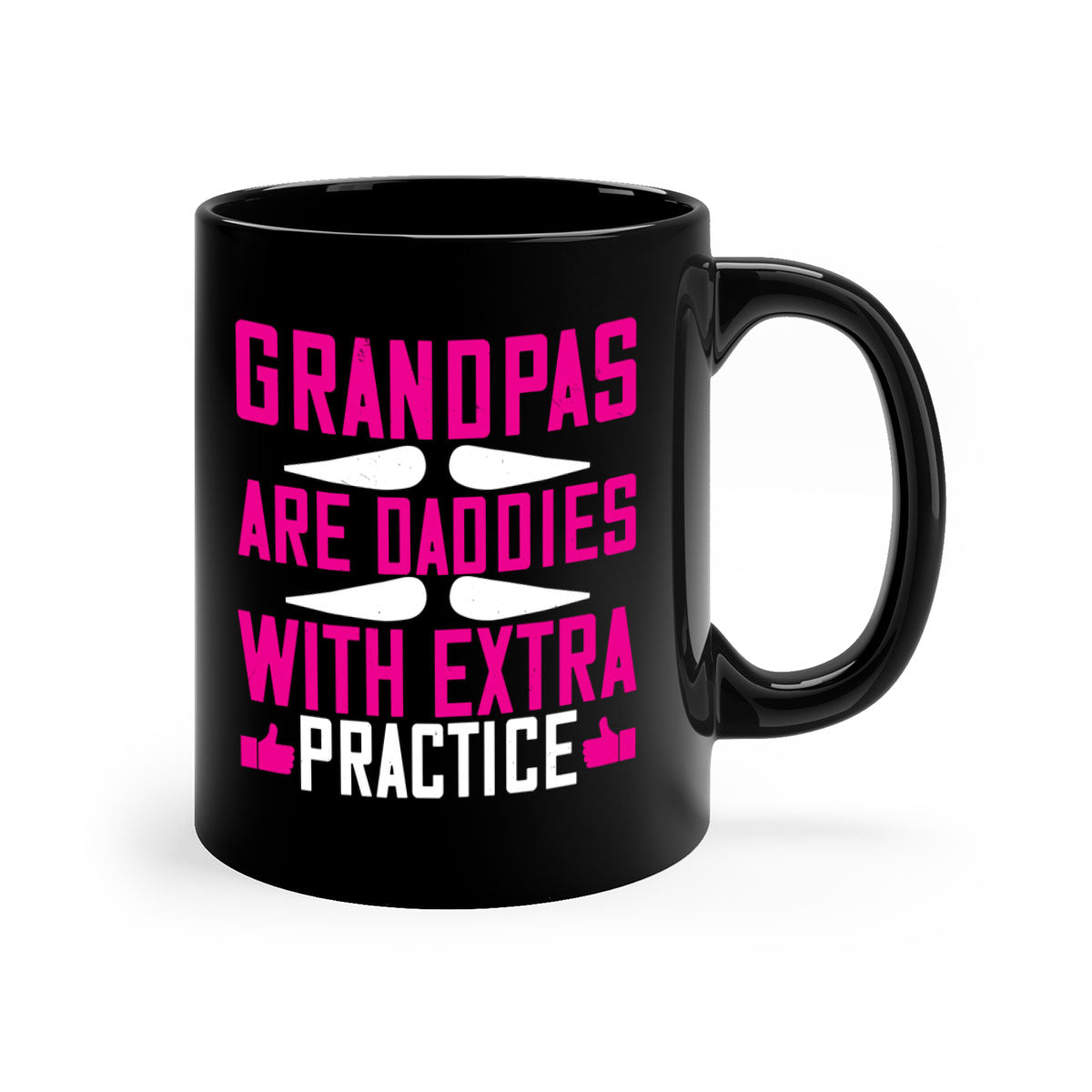 Two-tone ceramic mug with colored handle and interior, featuring the phrase 'Grandpas are daddies with extra practice'.