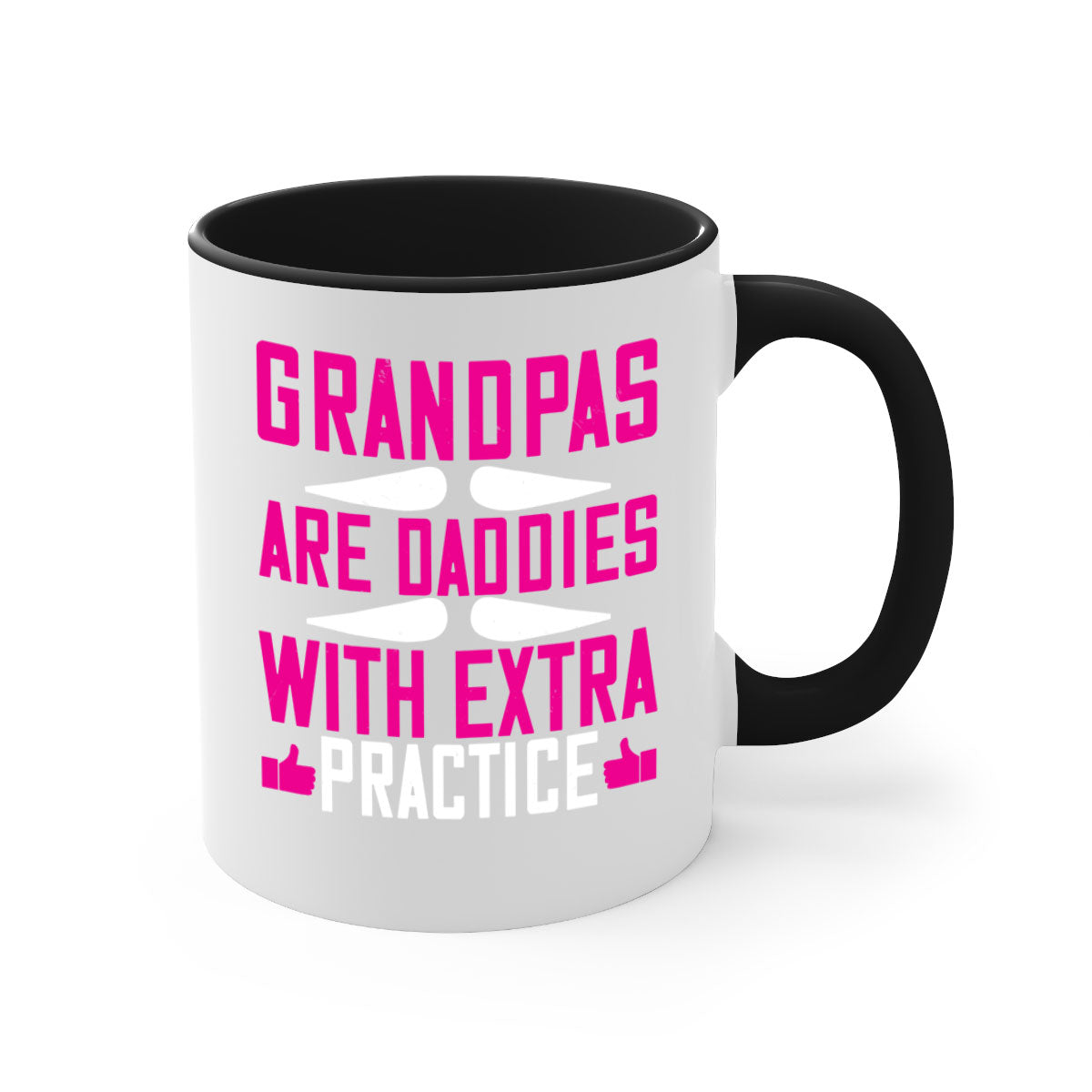 Two-tone ceramic mug with colored handle and interior, featuring the phrase 'Grandpas are daddies with extra practice'.