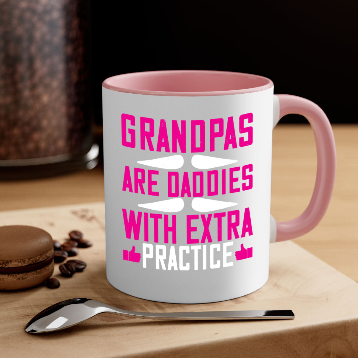 Two-tone ceramic mug with colored handle and interior, featuring the phrase 'Grandpas are daddies with extra practice'.