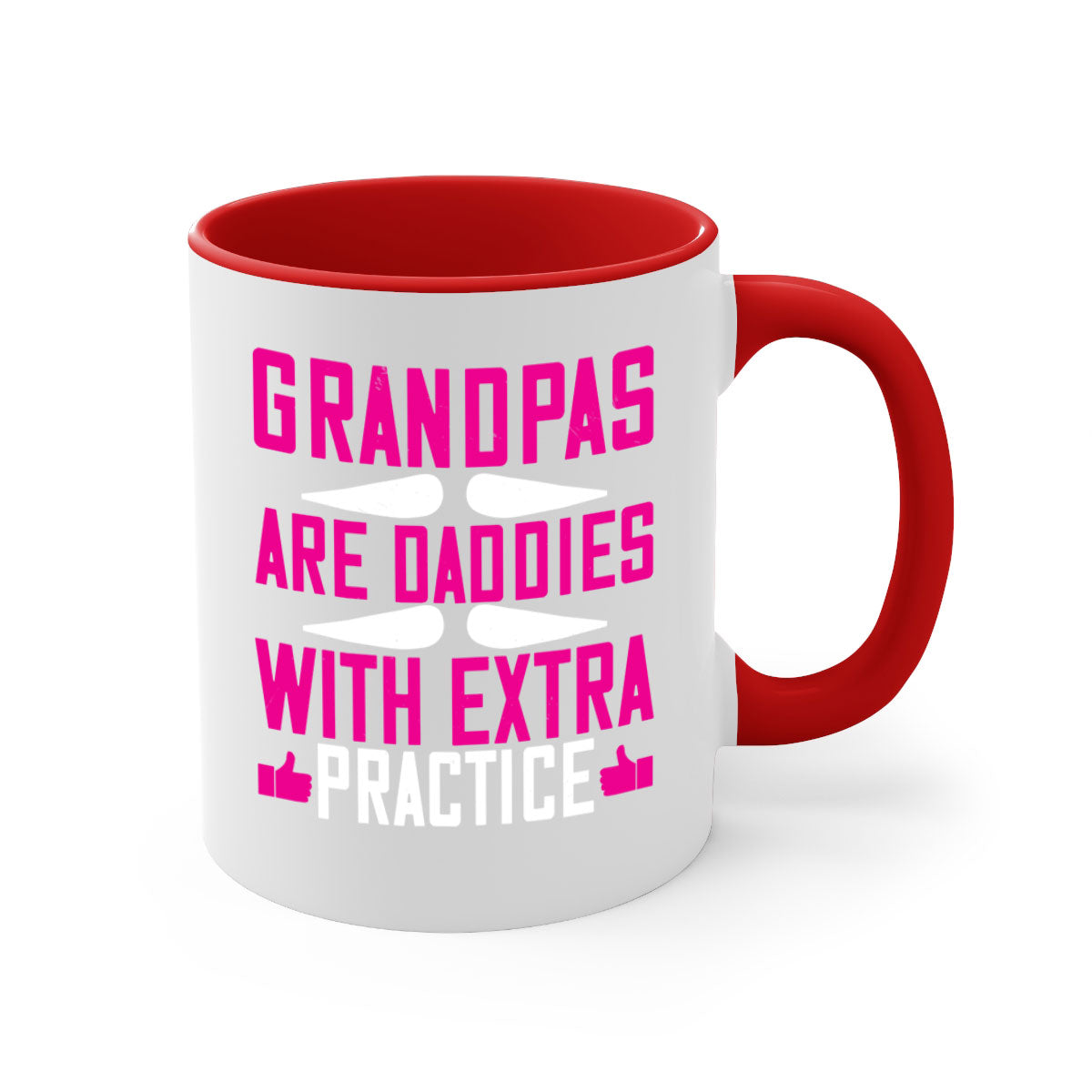 Two-tone ceramic mug with colored handle and interior, featuring the phrase 'Grandpas are daddies with extra practice'.