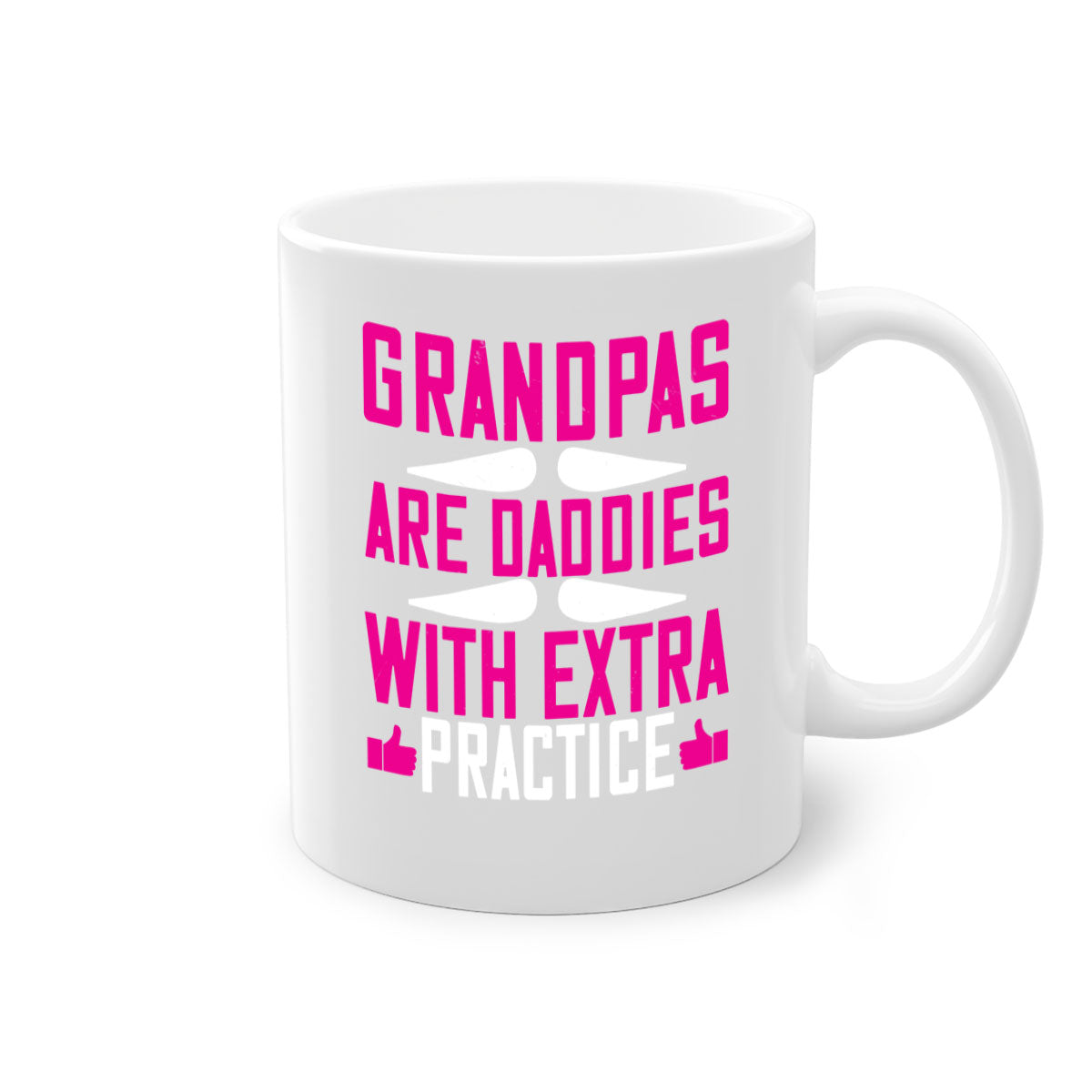 Two-tone ceramic mug with colored handle and interior, featuring the phrase 'Grandpas are daddies with extra practice'.