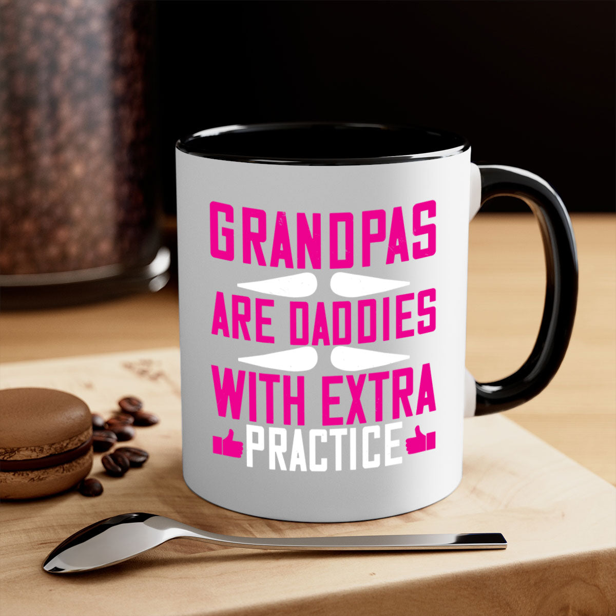 Two-tone ceramic mug with colored handle and interior, featuring the phrase 'Grandpas are daddies with extra practice'.