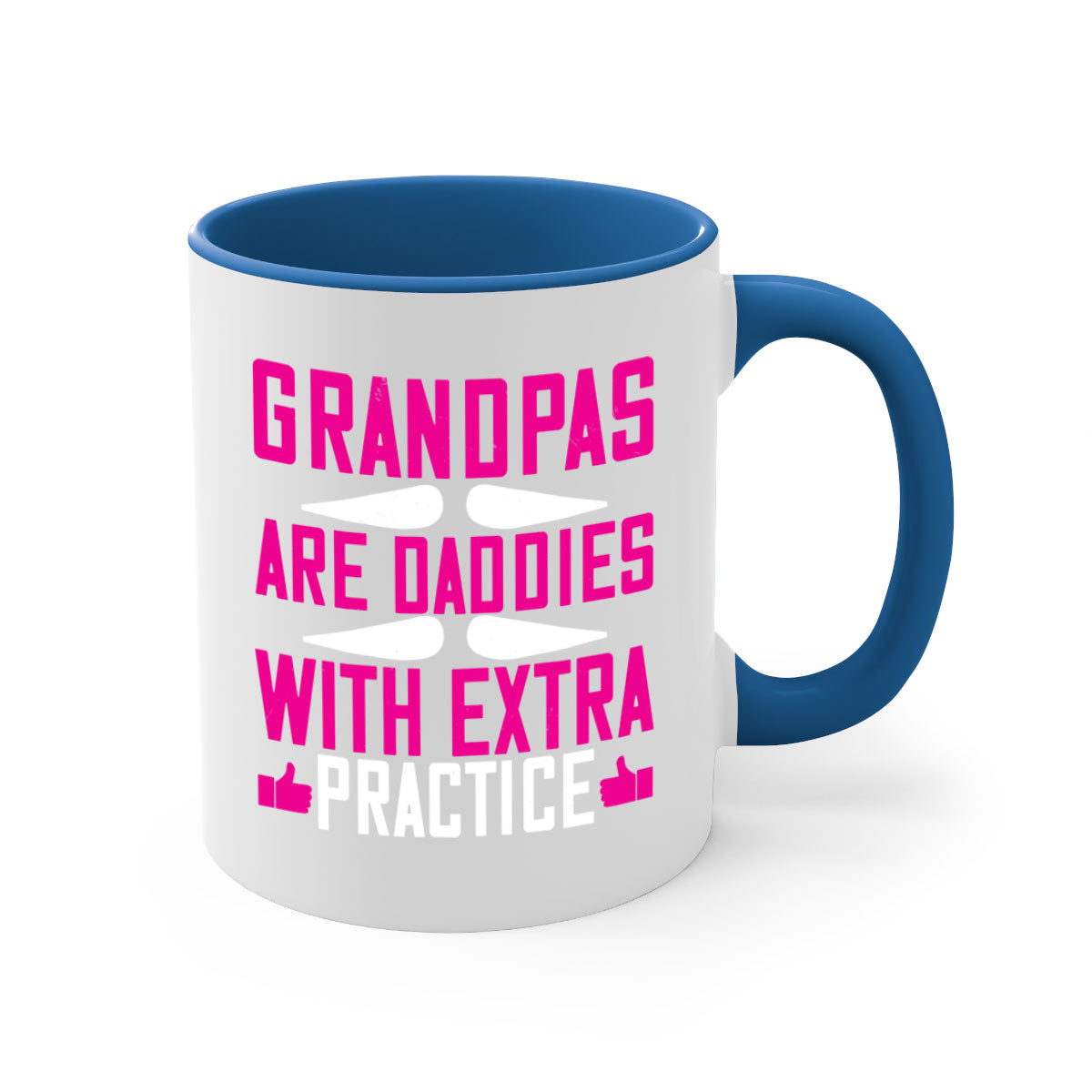 Two-tone ceramic mug with colored handle and interior, featuring the phrase 'Grandpas are daddies with extra practice'.