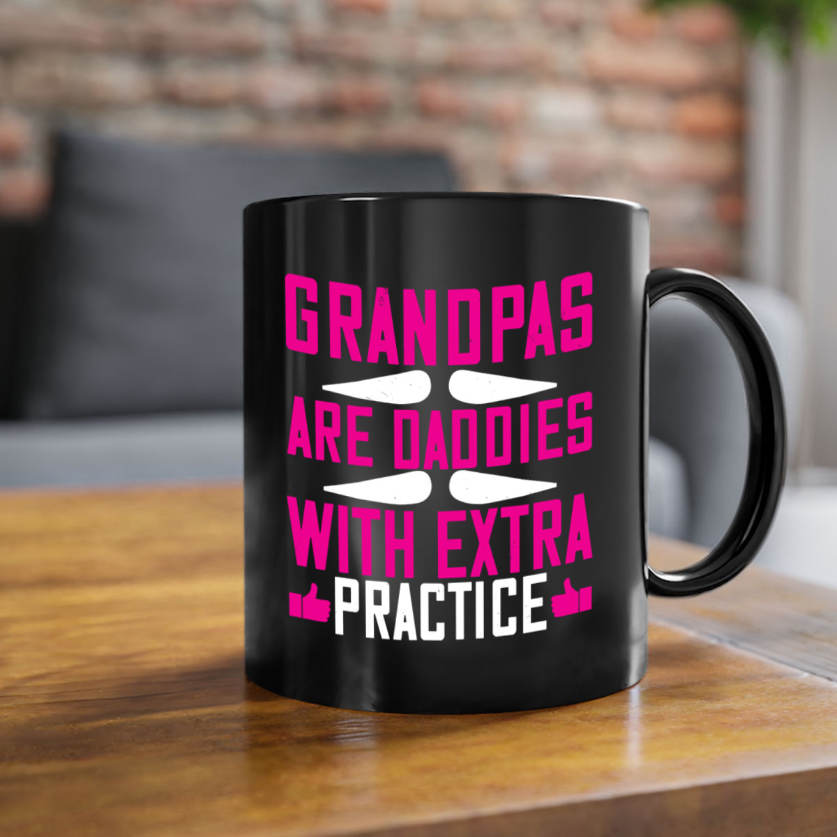 Two-tone ceramic mug with colored handle and interior, featuring the phrase 'Grandpas are daddies with extra practice'.