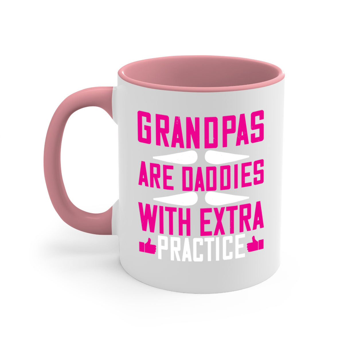 Two-tone ceramic mug with colored handle and interior, featuring the phrase 'Grandpas are daddies with extra practice'.