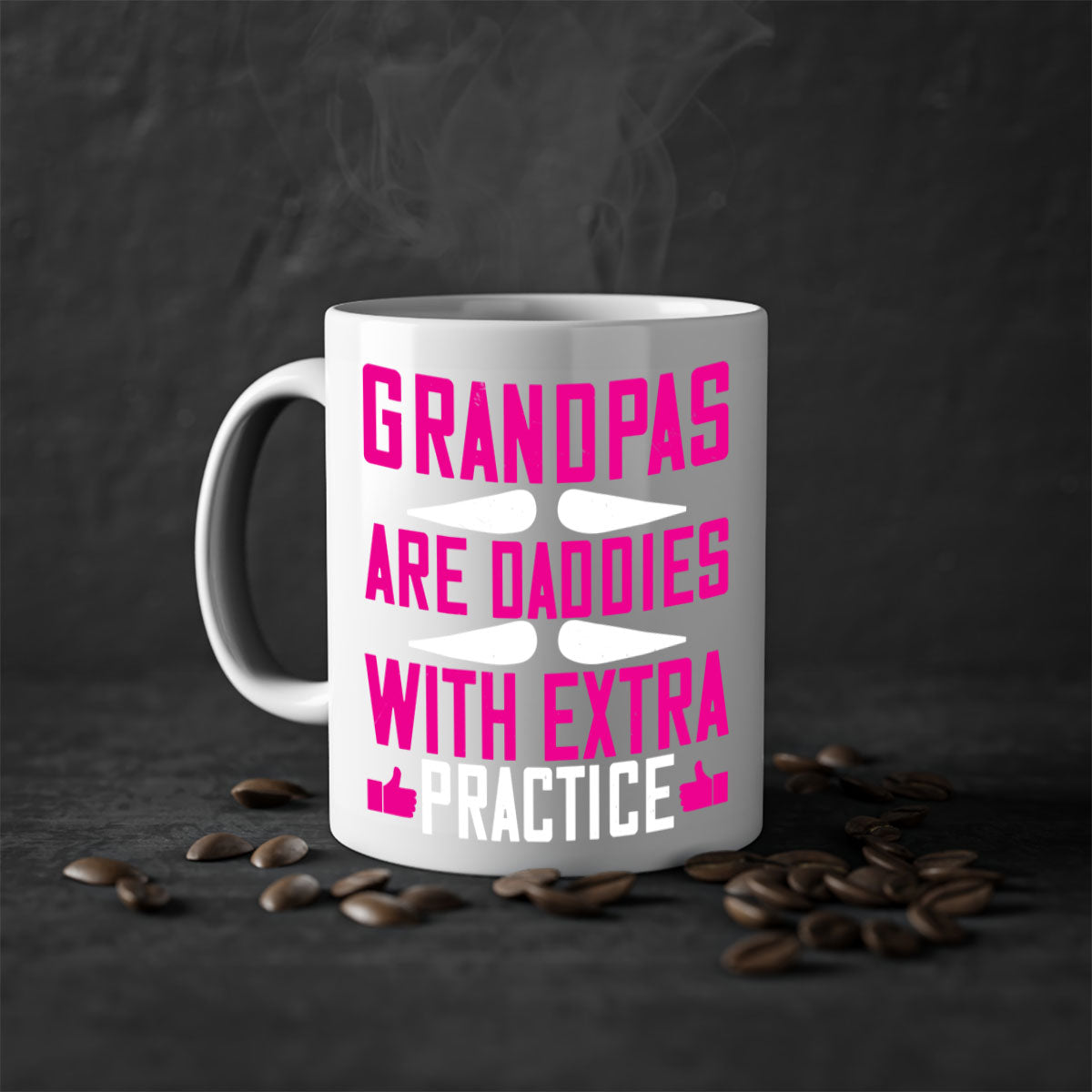 Two-tone ceramic mug with colored handle and interior, featuring the phrase 'Grandpas are daddies with extra practice'.