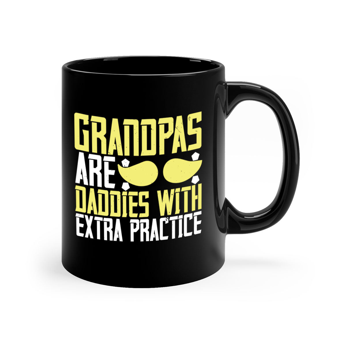 Two-tone ceramic coffee mug with a humorous design saying 'Grandpas are daddies with extra practice', featuring a colored handle and glossy finish.