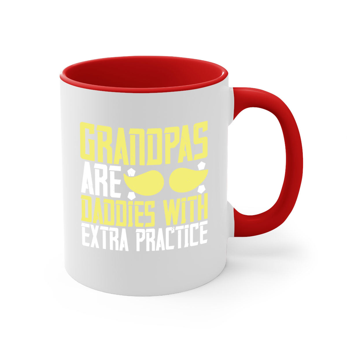 Two-tone ceramic coffee mug with a humorous design saying 'Grandpas are daddies with extra practice', featuring a colored handle and glossy finish.