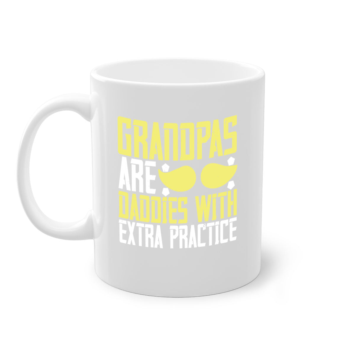 Two-tone ceramic coffee mug with a humorous design saying 'Grandpas are daddies with extra practice', featuring a colored handle and glossy finish.