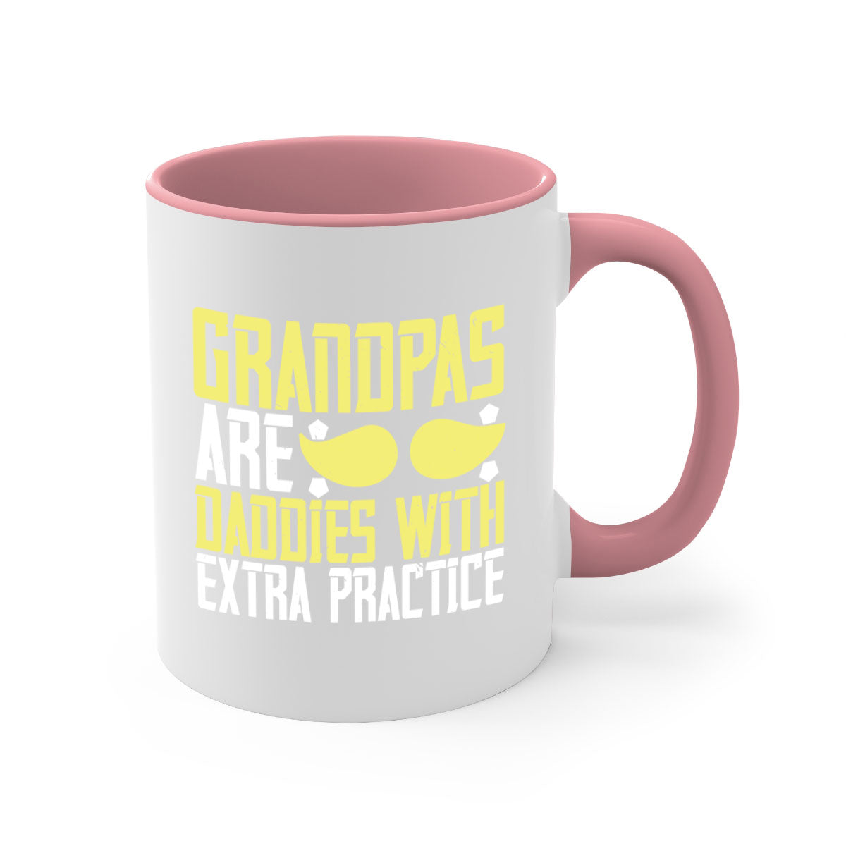 Two-tone ceramic coffee mug with a humorous design saying 'Grandpas are daddies with extra practice', featuring a colored handle and glossy finish.