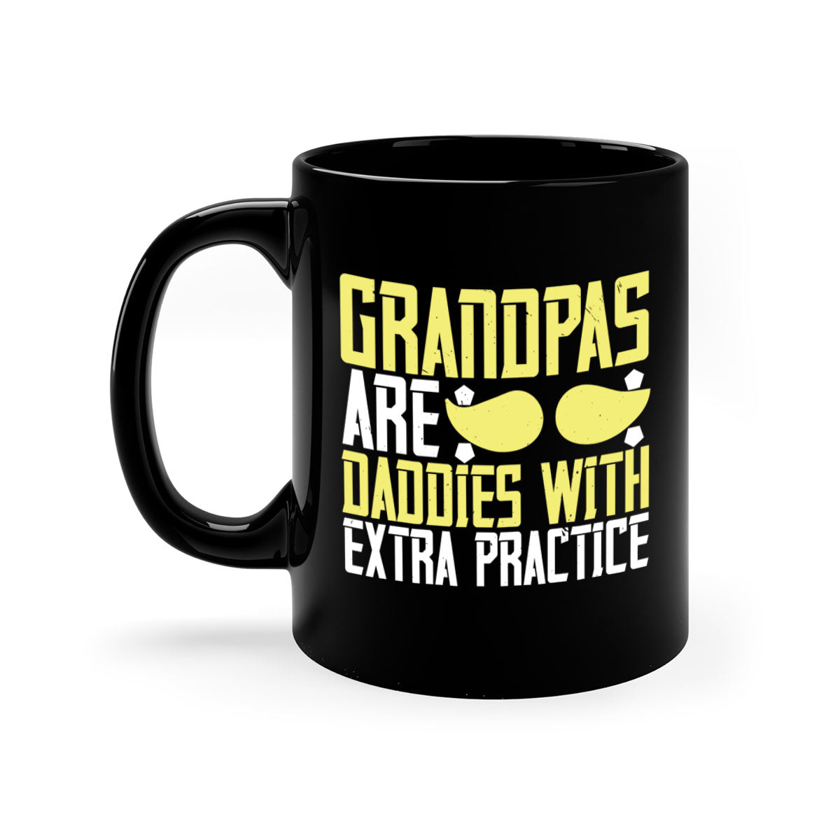 Two-tone ceramic coffee mug with a humorous design saying 'Grandpas are daddies with extra practice', featuring a colored handle and glossy finish.