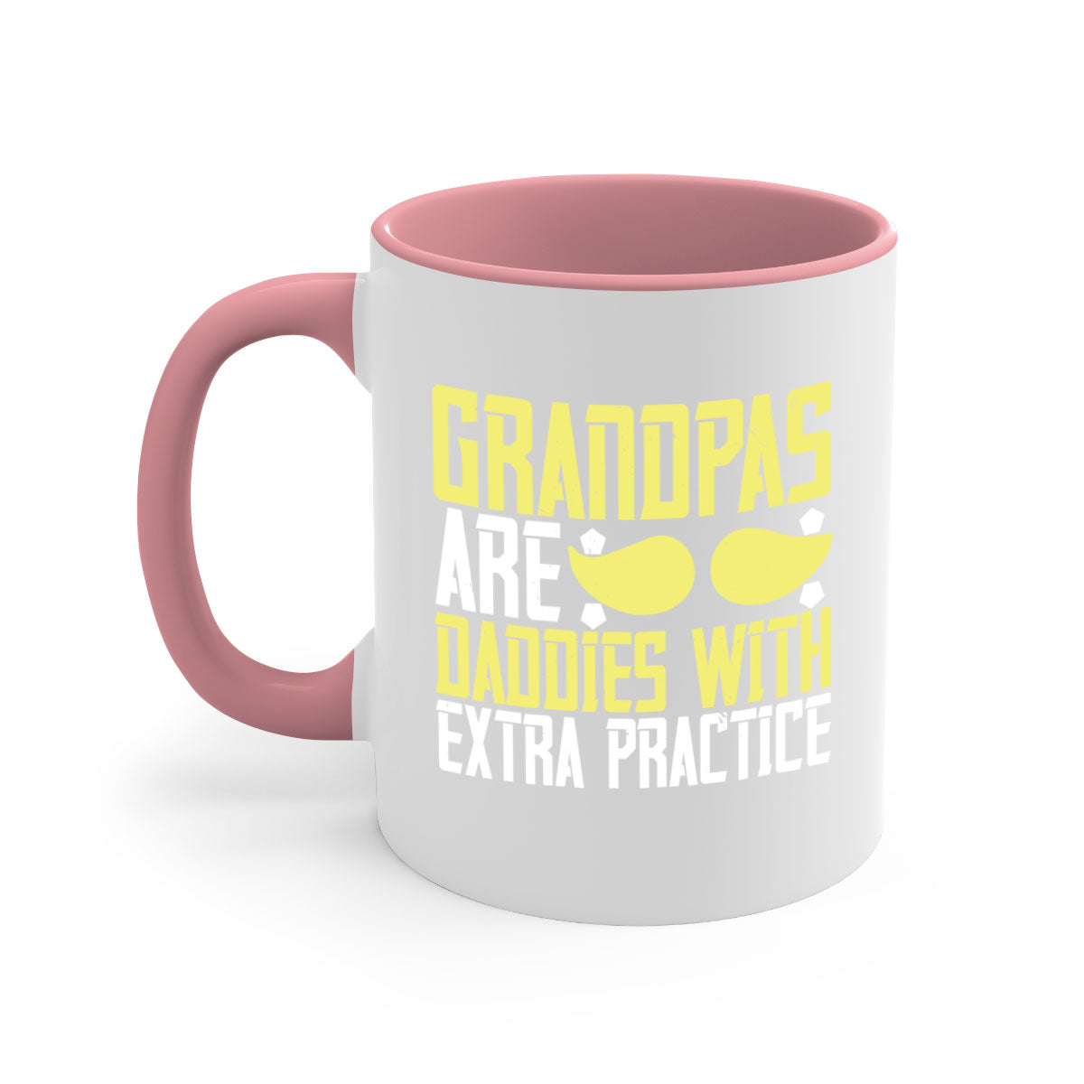 Two-tone ceramic coffee mug with a humorous design saying 'Grandpas are daddies with extra practice', featuring a colored handle and glossy finish.