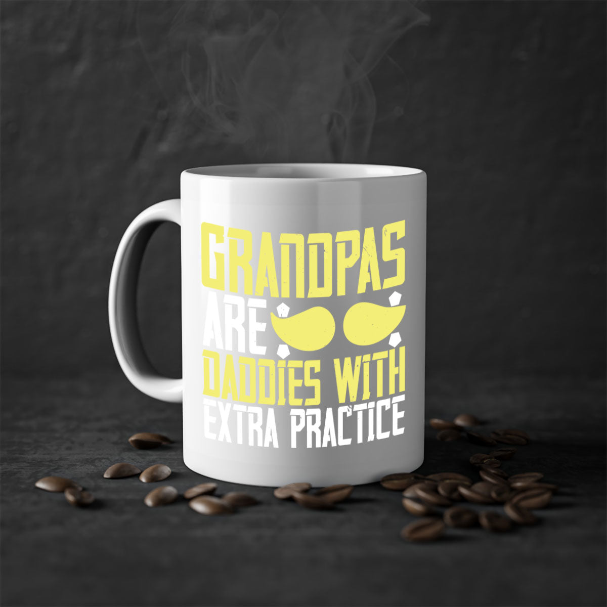Two-tone ceramic coffee mug with a humorous design saying 'Grandpas are daddies with extra practice', featuring a colored handle and glossy finish.