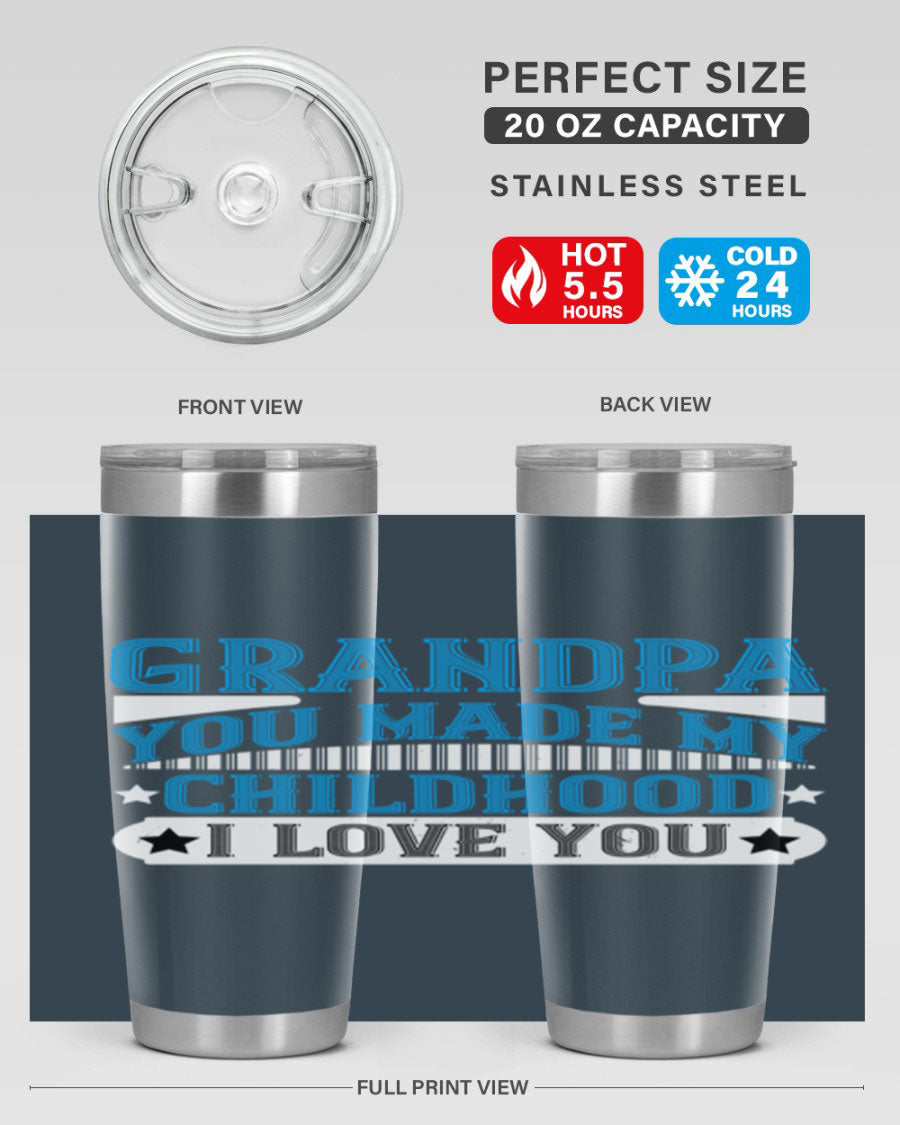 A stylish 20oz and 30oz stainless steel tumbler with a heartfelt message for grandpa, showcasing its double wall vacuum design.
