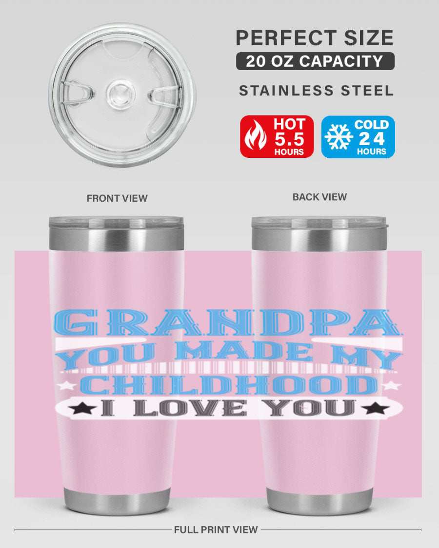 A stylish 20oz and 30oz stainless steel tumbler with a heartfelt message for grandpa, showcasing its double wall vacuum design.