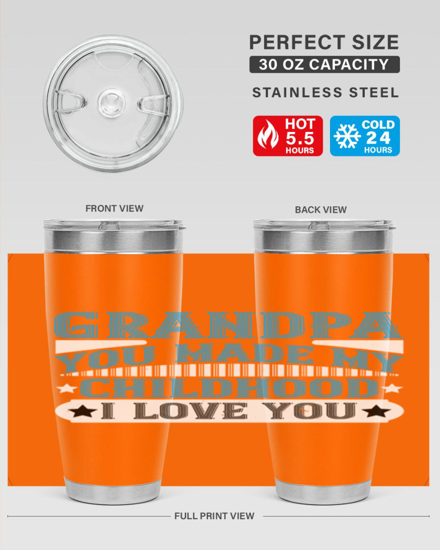 A stylish 20oz and 30oz stainless steel tumbler with a heartfelt message for grandpa, showcasing its double wall vacuum design.
