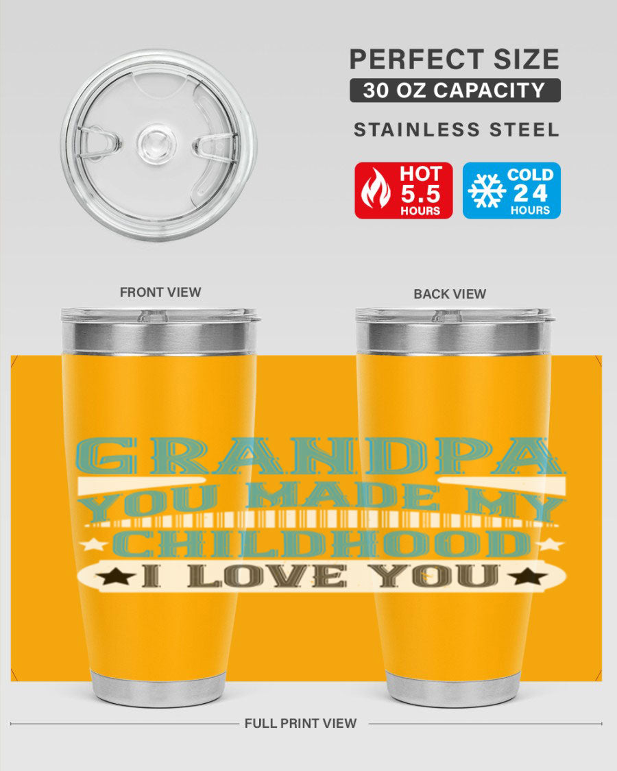 A stylish 20oz and 30oz stainless steel tumbler with a heartfelt message for grandpa, showcasing its double wall vacuum design.