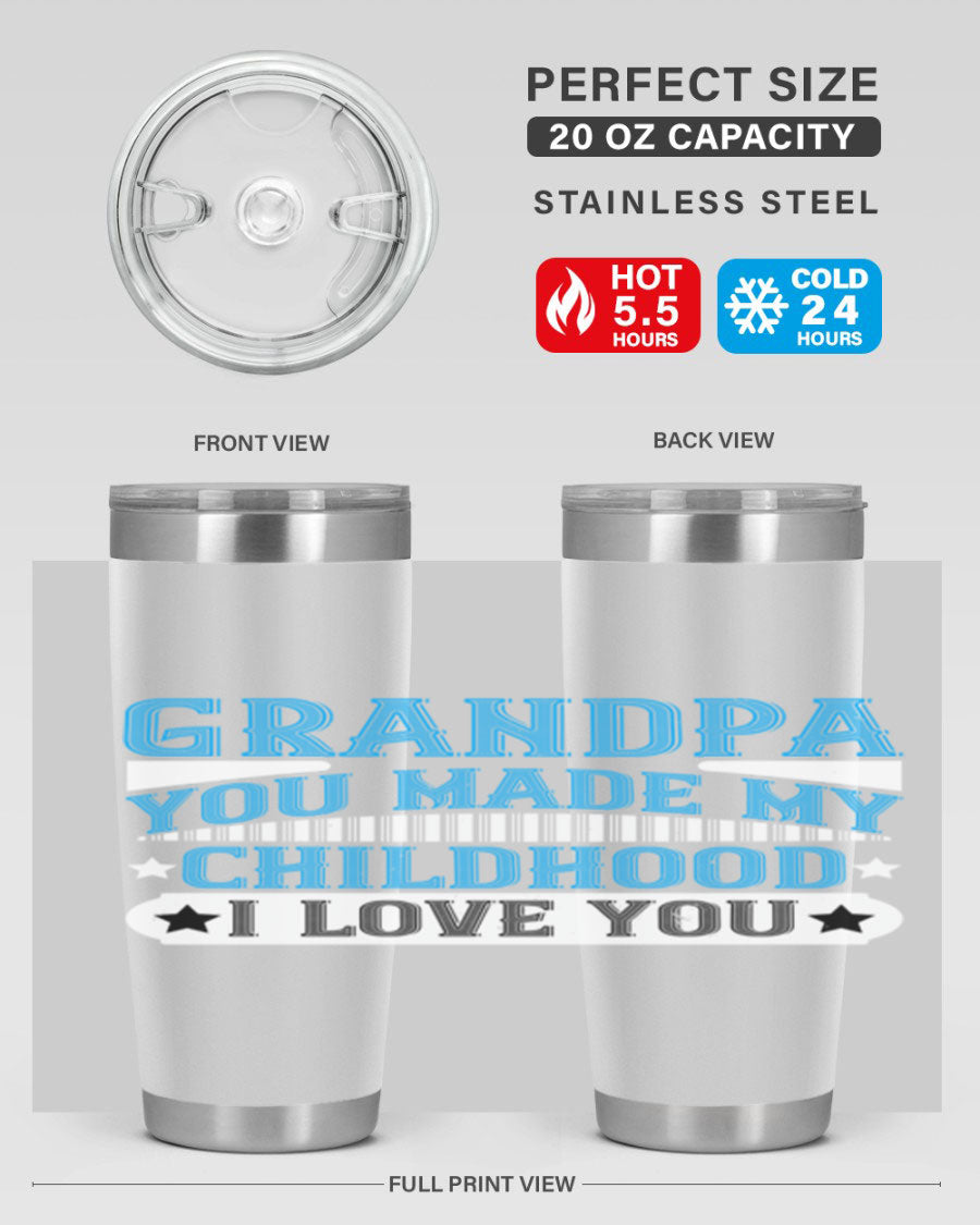 A stylish 20oz and 30oz stainless steel tumbler with a heartfelt message for grandpa, showcasing its double wall vacuum design.
