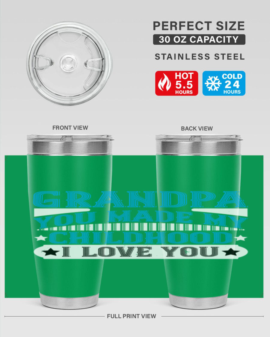 A stylish 20oz and 30oz stainless steel tumbler with a heartfelt message for grandpa, showcasing its double wall vacuum design.