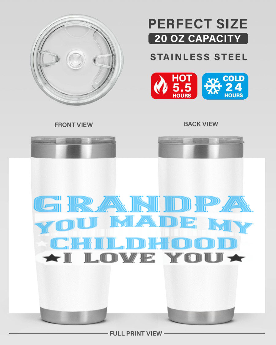 A stylish 20oz and 30oz stainless steel tumbler with a heartfelt message for grandpa, showcasing its double wall vacuum design.