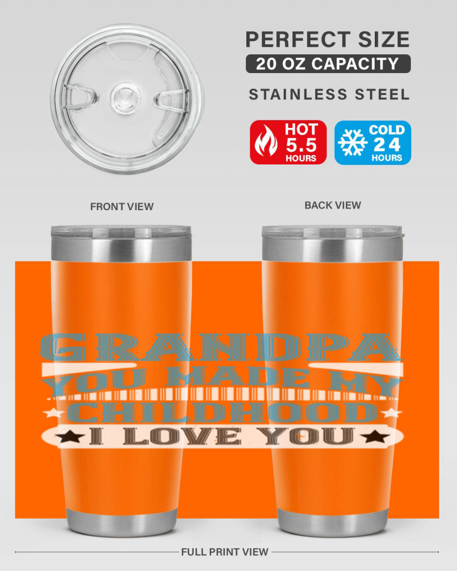A stylish 20oz and 30oz stainless steel tumbler with a heartfelt message for grandpa, showcasing its double wall vacuum design.