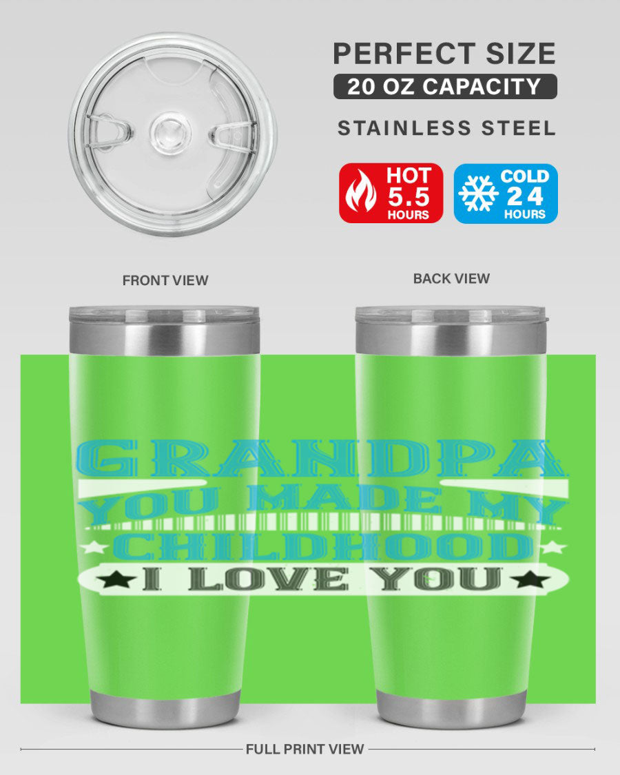 A stylish 20oz and 30oz stainless steel tumbler with a heartfelt message for grandpa, showcasing its double wall vacuum design.