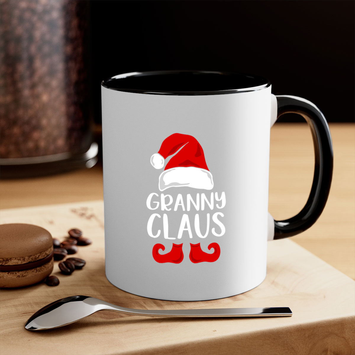 Granny Claus Style 49# Christmas Mug with colorful handle and glossy finish, perfect for holiday beverages.