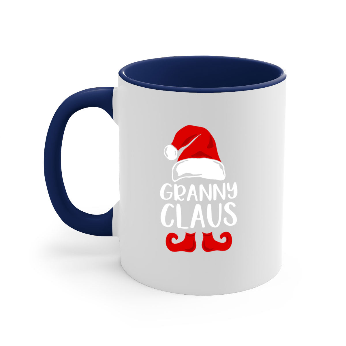 Grannyclaus Style 11# Christmas Mug with colored handle and glossy finish, available in multiple colors and sizes.