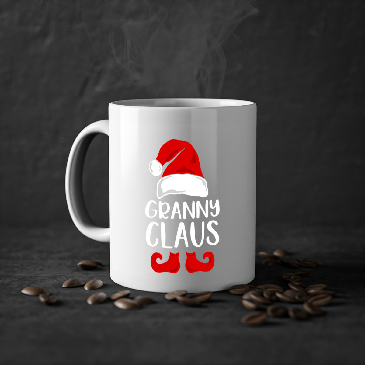 Grannyclaus Style 11# Christmas Mug with colored handle and glossy finish, available in multiple colors and sizes.