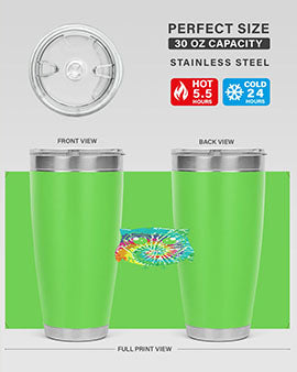 Graphic Owl Tiedye Tumblers showcasing vibrant colors and double wall stainless steel design, perfect for hot and cold beverages.