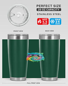 Graphic Owl Tiedye Tumblers showcasing vibrant colors and double wall stainless steel design, perfect for hot and cold beverages.