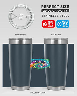 Graphic Owl Tiedye Tumblers showcasing vibrant colors and double wall stainless steel design, perfect for hot and cold beverages.
