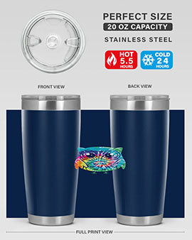Graphic Owl Tiedye Tumblers showcasing vibrant colors and double wall stainless steel design, perfect for hot and cold beverages.