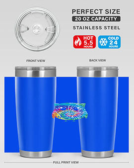 Graphic Owl Tiedye Tumblers showcasing vibrant colors and double wall stainless steel design, perfect for hot and cold beverages.